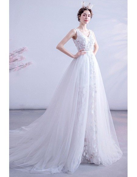 Fairy Lace Flowers Vneck Wedding Dress With Flowy Tulle