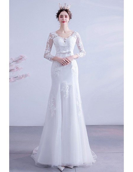 Elegant Vneck Empire Lace Sheath Wedding Dress With Lace Sleeves