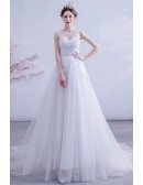 Modest Round Neck Tulle Wedding Dress With Appliques Sleeveless