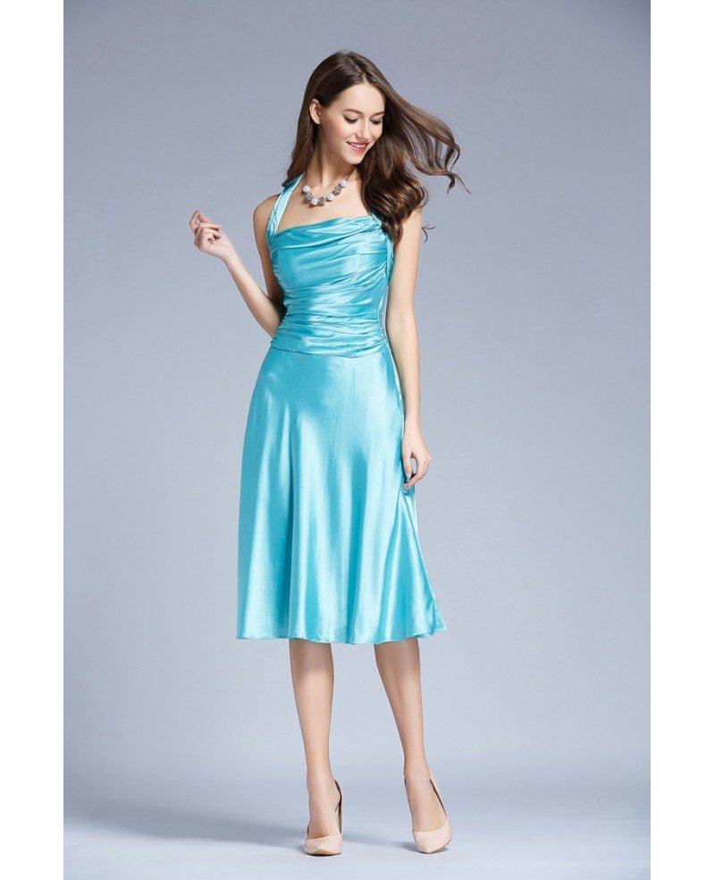 Stylish Halter Satin Tea Length Wedding Guest Dress With Ruffle KC133 45 GemGrace