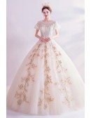 Romantic Champagne Gold Princess Ballgown Prom Dress With Bubble Sleeves