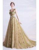 Green With Sparkly Gold Sequins Formal Long Prom Dress With Straps