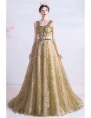 Green With Sparkly Gold Sequins Formal Long Prom Dress With Straps