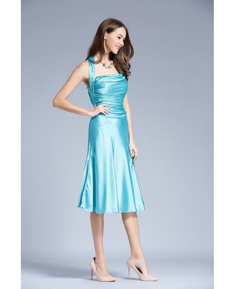 Stylish Halter Satin Tea Length Wedding Guest Dress With Ruffle KC133 45 GemGrace