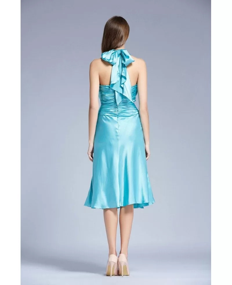 Stylish Halter Satin Tea Length Wedding Guest Dress With Ruffle KC133 45 GemGrace