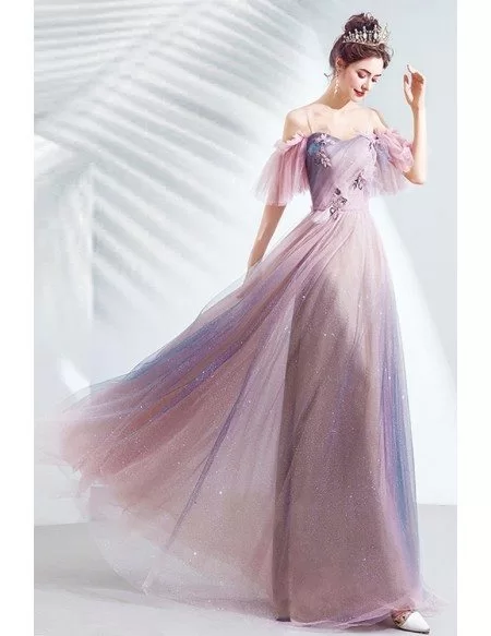 Dreamy Ombre Pink Purple Bling Tulle Aline Prom Dress For Teens