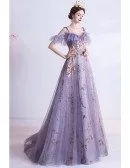 Purple Tulle With Sparkly Sequins Long Prom Dress With Straps