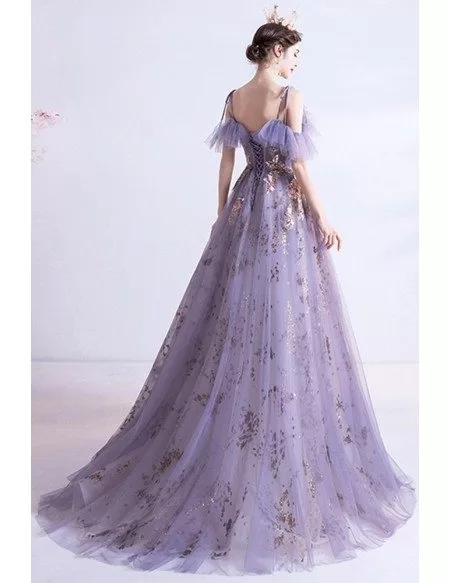 Purple Tulle With Sparkly Sequins Long Prom Dress With Straps