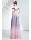 Pretty Ombre Pink Long Prom Dress Tulle With Flowers For Teens