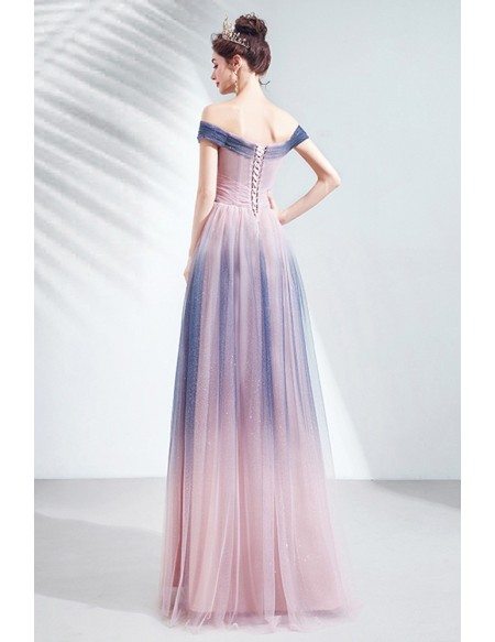 Pretty Ombre Pink Long Prom Dress Tulle With Flowers For Teens
