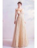 Elegant Champagne Gold Sequins Aline Party Prom Dress With Ruffles