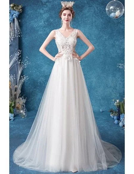 Vneck Boho Lace Destination Wedding Dress With Flowy Tulle