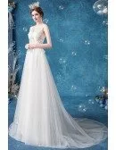 Vneck Boho Lace Destination Wedding Dress With Flowy Tulle