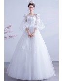 Beaded Round Neck Appliques Ballgown Wedding Dress With Bubble Sleeves