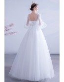 Beaded Round Neck Appliques Ballgown Wedding Dress With Bubble Sleeves