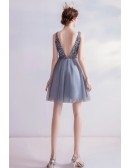 Silver Short Tulle Super Cute Bling Prom Homecoming Dress Vneck