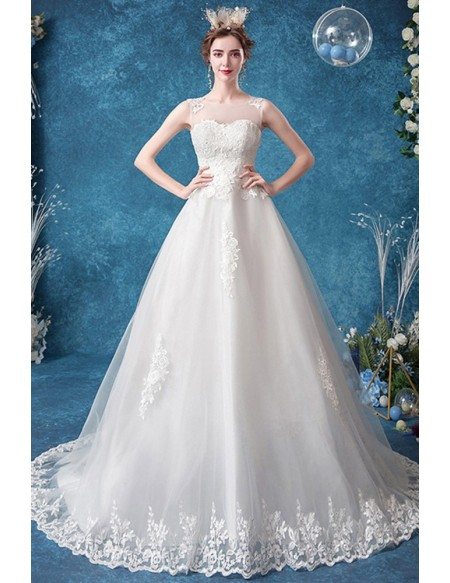 Ballgown Lace Trim Wedding Dress With Illusion Neckline Long Train