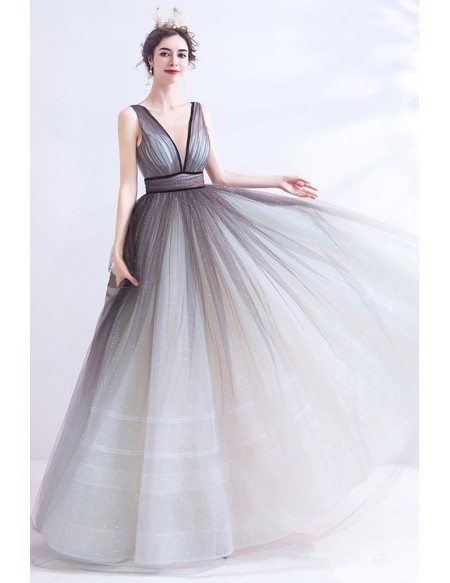 Ombre Grey Illusion Deep Vneck Bling Prom Dress Sleeveless