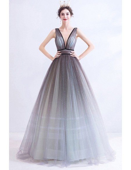 Ombre Grey Illusion Deep Vneck Bling Prom Dress Sleeveless