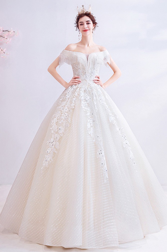 Bling Sequined Lace Dotted Ballgown Wedding Dress Princess With Off ...