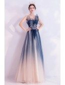 Elegant Ombre Blue Tulle Prom Dress Strapless With Sequins