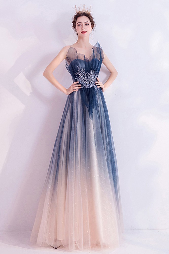 Elegant Strapless Ombre Blue Tulle Beaded A Line Long Party Dress Guest Dress SP309 main image 1