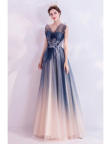 Elegant Ombre Blue Tulle Prom Dress Strapless With Sequins