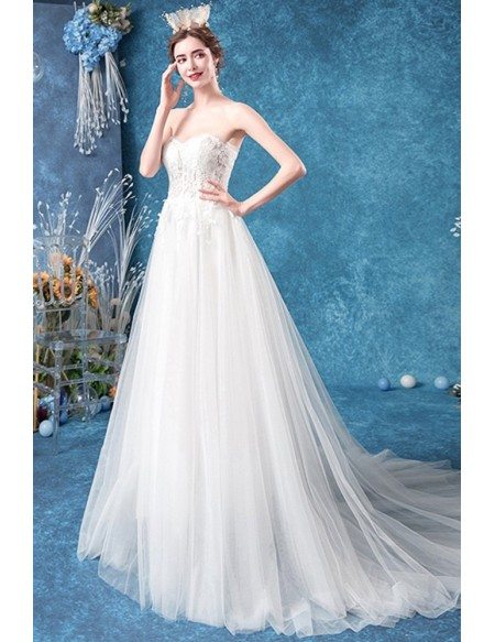 Strapless Aline Lace Long Tulle Wedding Dress With Sheer Bodice