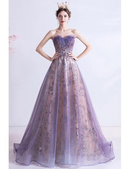 Strapless Purple Aline Long Prom Dress With Bling Sequins Pattern