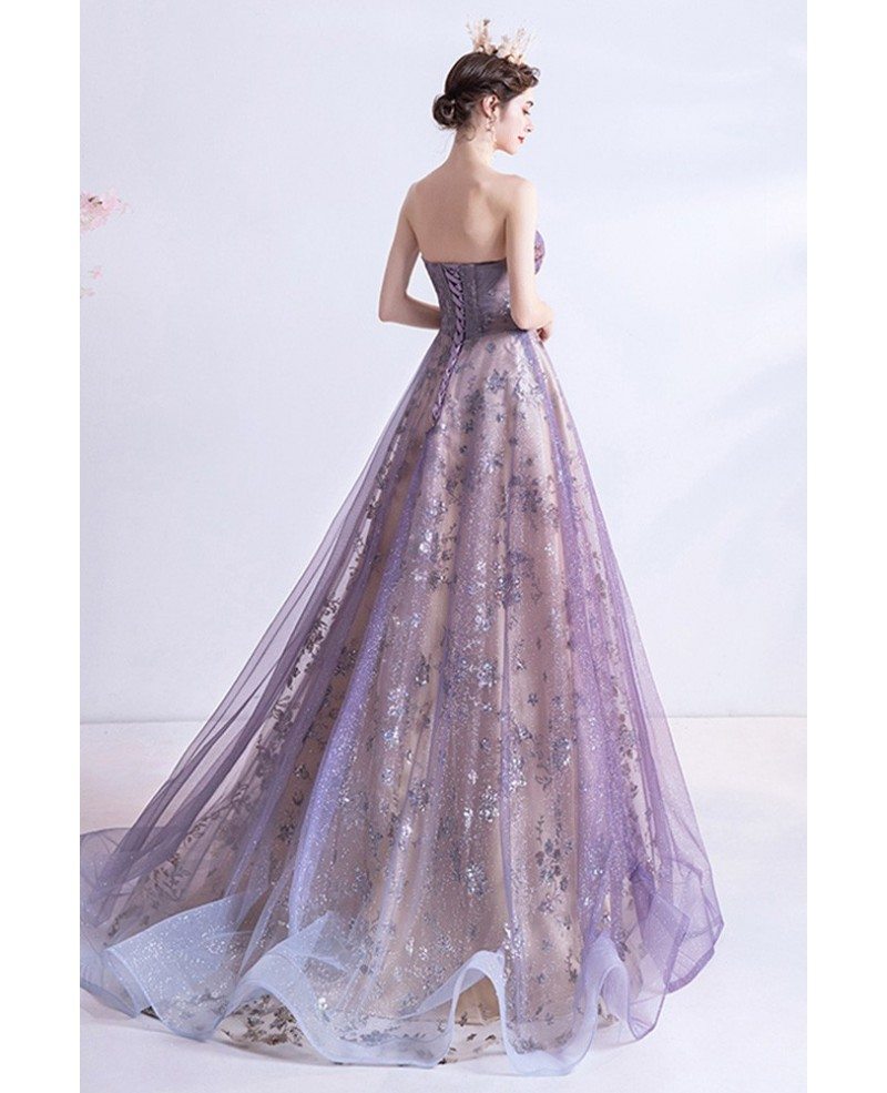 Strapless Purple Aline Long Prom Dress With Bling Sequins Pattern ...