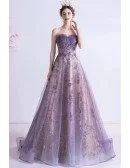 Strapless Purple Aline Long Prom Dress With Bling Sequins Pattern