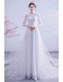 Modest Lace Illusion Half Sleeved Wedding Dress With Lace Train