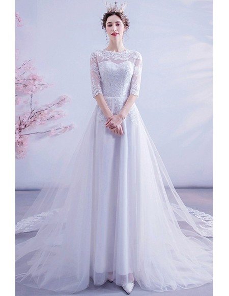 Modest Lace Illusion Half Sleeved Wedding Dress With Lace Train