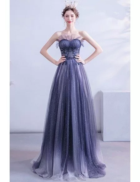 Bling Sequins Blue Long Aline Prom Dress Strapless For Teens