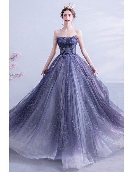 Bling Sequins Blue Long Aline Prom Dress Strapless For Teens