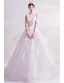 Ruffle Big Ballgown Wedding Dress With Lace Illusion Neckline