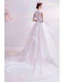 Ruffle Big Ballgown Wedding Dress With Lace Illusion Neckline