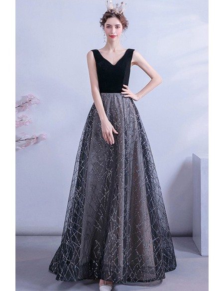 Black Bling Sequins Pattern Vneck Party Prom Dress Sleeveless