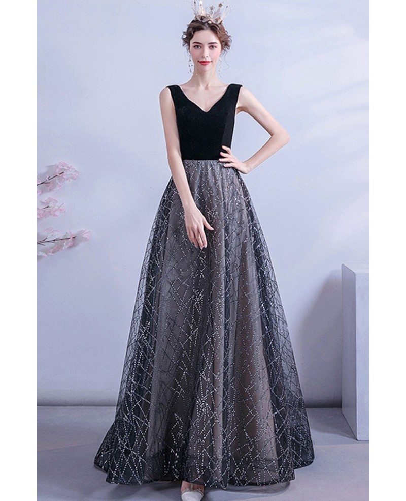 Black Bling Sequins Pattern Vneck Party Prom Dress Sleeveless Wholesale ...