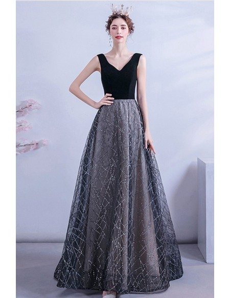 Black Bling Sequins Pattern Vneck Party Prom Dress Sleeveless
