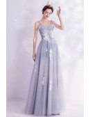 Elegant Grey Aline Long Tulle Prom Dress With Appliques Straps
