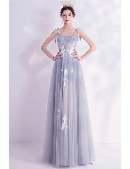 Elegant Grey Aline Long Tulle Prom Dress With Appliques Straps