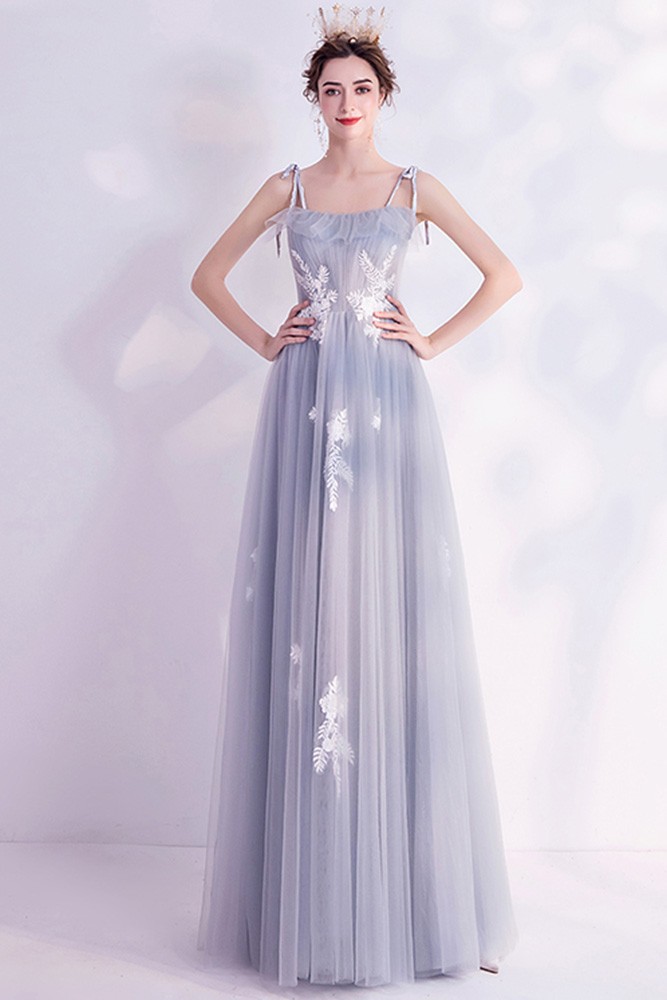 Elegant Grey Aline Long Tulle Prom Dress With Appliques Straps ...
