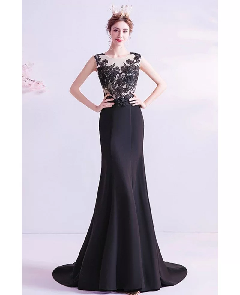 Mermaid Long Black Lace Slim Prom Formal Dress With Sweep Train ...