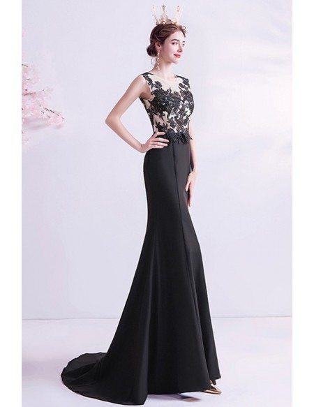 Mermaid Long Black Lace Slim Prom Formal Dress With Sweep Train ...