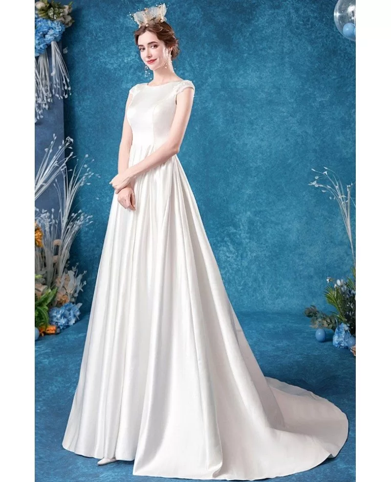 Elegant Satin Simple Wedding Dress With Beaded Cap Sleeves Lace Back ...
