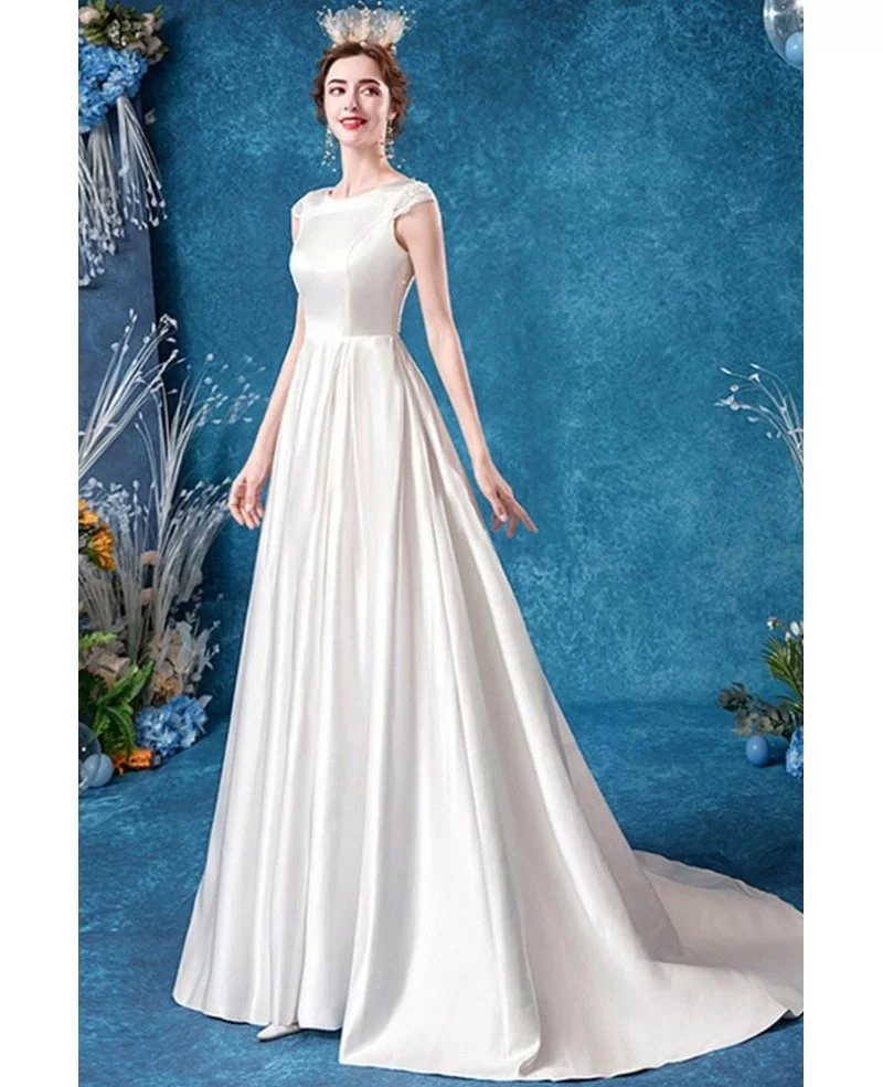 Elegant Satin Simple Wedding Dress With Beaded Cap Sleeves Lace Back ...