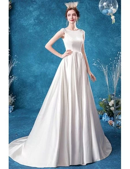 Elegant Satin Simple Wedding Dress With Beaded Cap Sleeves Lace Back Wholesale T47072 7019