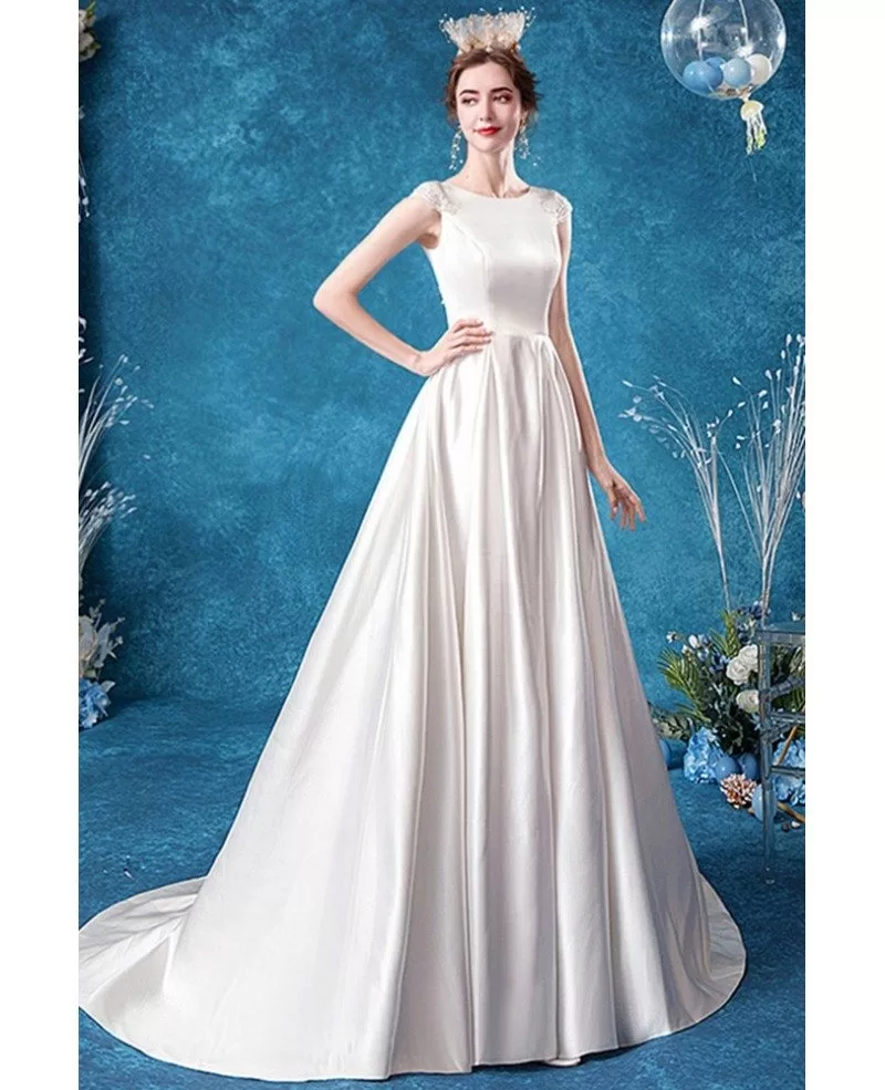 Elegant Satin Simple Wedding Dress With Beaded Cap Sleeves Lace Back Wholesale #T47072 