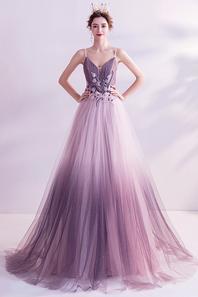 Dreamy Ombre Purple Flowy Long Tulle Aline Prom Dress With Spaghetti ...